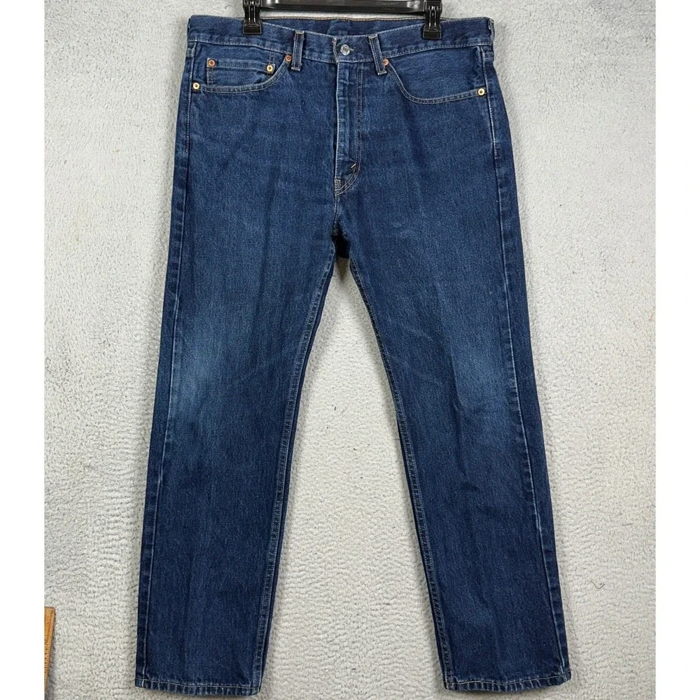 Levis 505 Jeans Mens 34X29 Blue Straight Leg Distressed Dark Wash 5 Pocket Denim